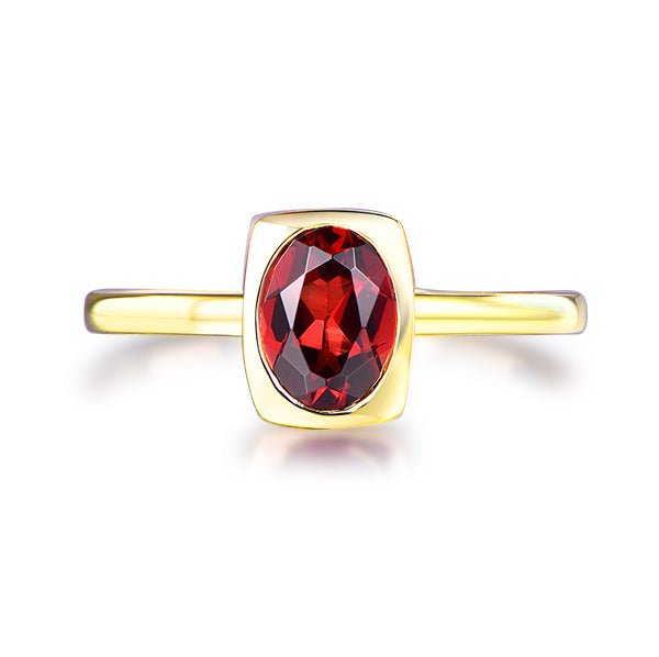 Bezel-Set Oval Red Garnet Solitaire Ring 14K Yellow Gold - Lord of Gem Rings