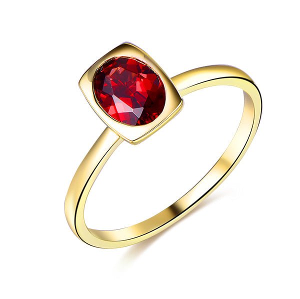 Bezel-Set Oval Red Garnet Solitaire Ring 14K Yellow Gold - Lord of Gem Rings