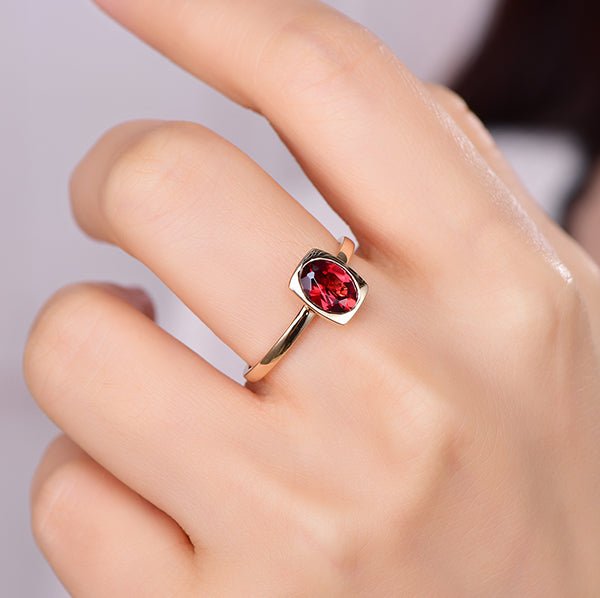 Bezel-Set Oval Red Garnet Solitaire Ring 14K Yellow Gold - Lord of Gem Rings