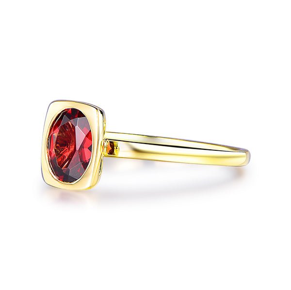 Bezel-Set Oval Red Garnet Solitaire Ring 14K Yellow Gold - Lord of Gem Rings