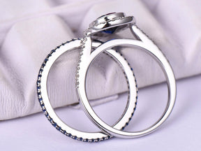 Bezel-Set Pear Lab Sapphire Ring Full Eternity Sapphire Band Bridal Set - Lord of Gem Rings