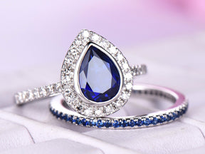 Bezel-Set Pear Lab Sapphire Ring Full Eternity Sapphire Band Bridal Set - Lord of Gem Rings