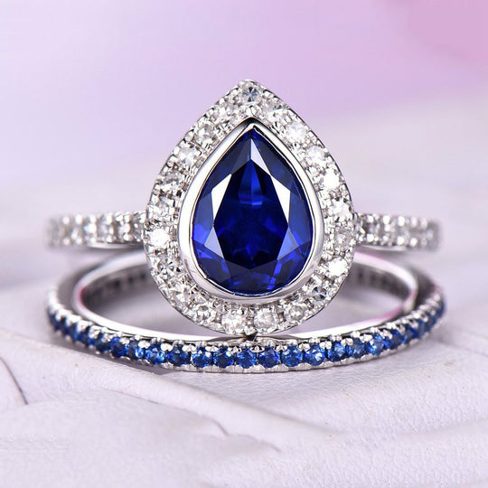 Bezel-Set Pear Lab Sapphire Ring Full Eternity Sapphire Band Bridal Set