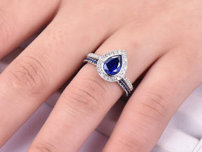 Bezel-Set Pear Lab Sapphire Ring Full Eternity Sapphire Band Bridal Set - Lord of Gem Rings