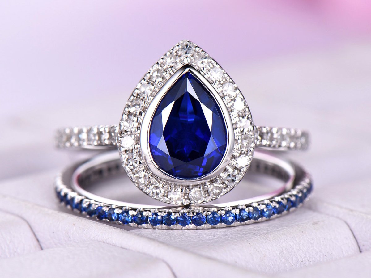 Bezel-Set Pear Lab Sapphire Ring Full Eternity Sapphire Band Bridal Set - Lord of Gem Rings