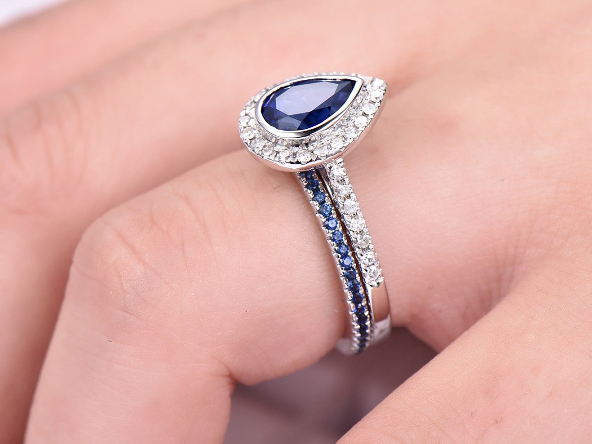 Bezel-Set Pear Lab Sapphire Ring Full Eternity Sapphire Band Bridal Set - Lord of Gem Rings