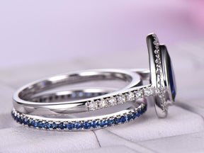 Bezel-Set Pear Lab Sapphire Ring Full Eternity Sapphire Band Bridal Set - Lord of Gem Rings