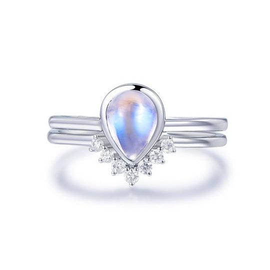 Bezel-Set Pear Moonstone Diamond Chevron Wedding Band Bridal Set