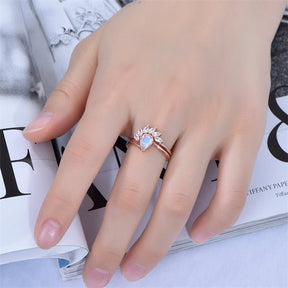 Bezel-Set Pear Moonstone Ring Marquise Diamond Tiara Bridal Set - Lord of Gem Rings