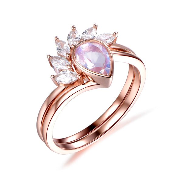 Bezel-Set Pear Moonstone Ring Marquise Diamond Tiara Bridal Set - Lord of Gem Rings