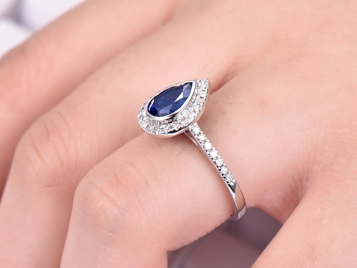 Bezel-Set Pear Sapphire Diamond Halo Engagement Ring 14K White Gold - Lord of Gem Rings