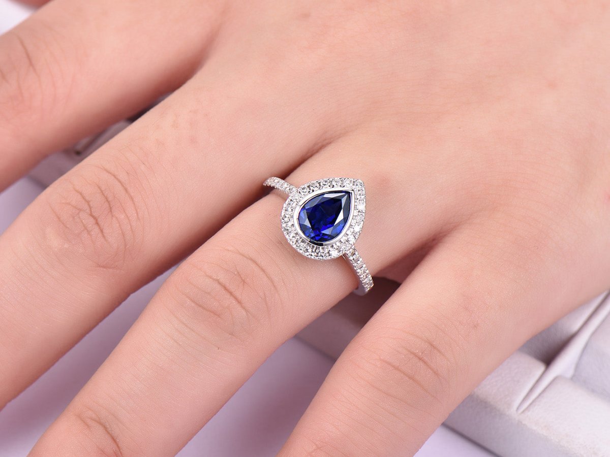 Bezel-Set Pear Sapphire Diamond Halo Engagement Ring 14K White Gold - Lord of Gem Rings