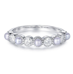 Bezel-Set Pearl and Moissanite Milgrain Half Eternity June Birthstone Ring - Lord of Gem Rings