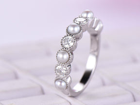 Bezel-Set Pearl and Moissanite Milgrain Half Eternity June Birthstone Ring - Lord of Gem Rings