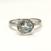 Bezel-Set Round Aquamarine Satin Finish Solitaire Ring 14K White Gold - Lord of Gem Rings