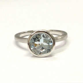 Bezel-Set Round Aquamarine Satin Finish Solitaire Ring 14K White Gold - Lord of Gem Rings