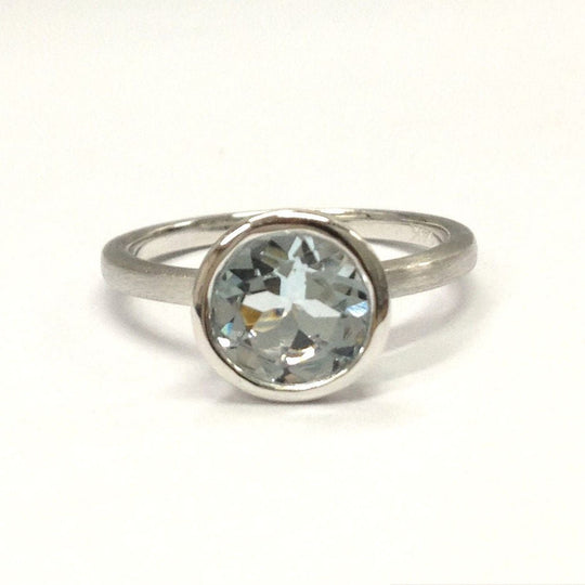 Bezel-Set Round Aquamarine Satin Finish Solitaire Ring 14K White Gold