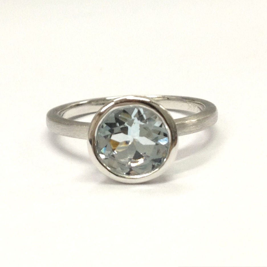 Bezel-Set Round Aquamarine Satin Finish Solitaire Ring 14K White Gold - Lord of Gem Rings