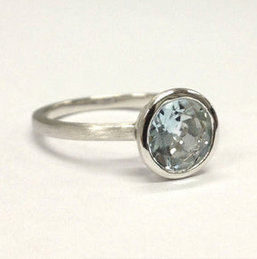 Bezel-Set Round Aquamarine Satin Finish Solitaire Ring 14K White Gold - Lord of Gem Rings