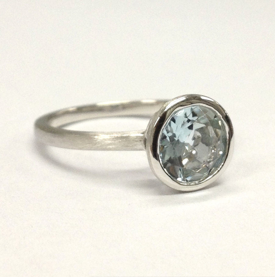 Bezel-Set Round Aquamarine Satin Finish Solitaire Ring 14K White Gold - Lord of Gem Rings