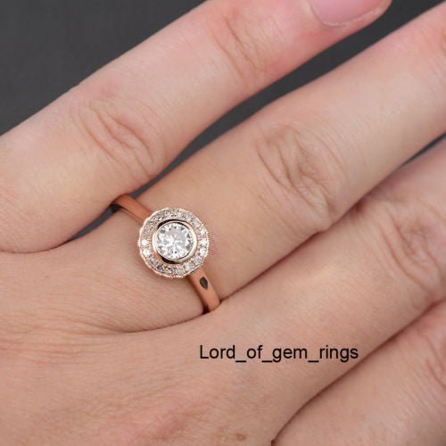 Bezel-Set Round Moissanite Ring Flower Diamond Halo - Lord of Gem Rings