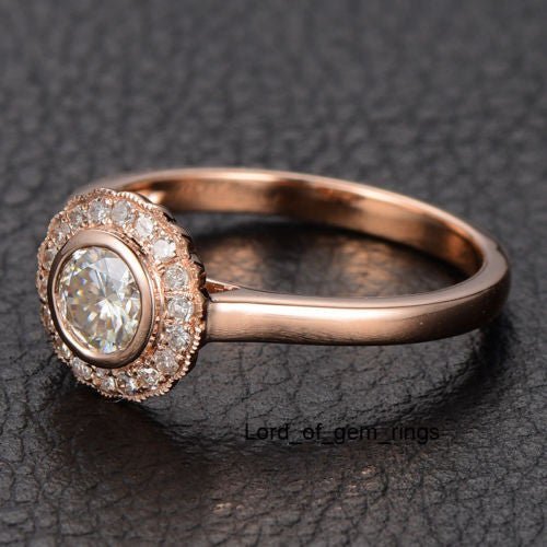 Bezel-Set Round Moissanite Ring Flower Diamond Halo - Lord of Gem Rings