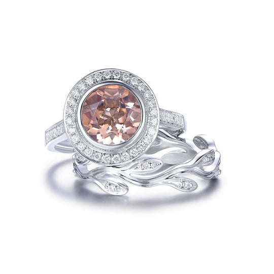 2ct Bezel Set Round Morganite Halo Ring Leaf Eternity Wedding Bridal Set