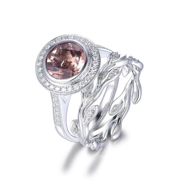 Bezel Set Round Morganite Diamond Halo Ring Leaf Eternity Wedding Band Bridal Set - Lord of Gem Rings