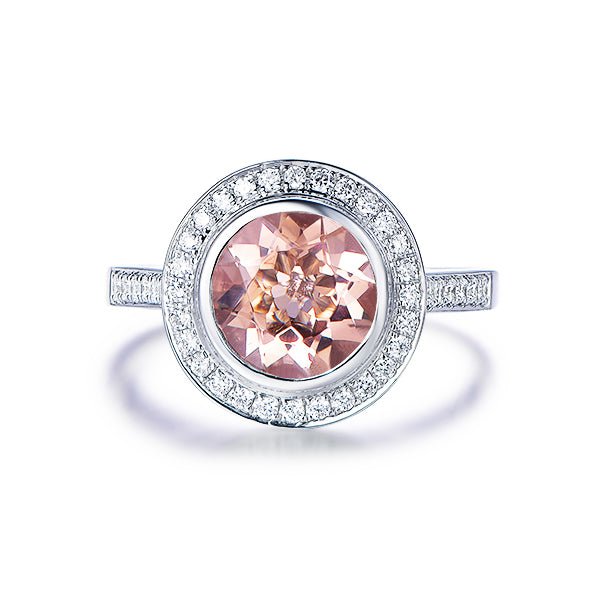 Bezel-Set Round Morganite Diamond Halo Ring with Hidden Accents - Lord of Gem Rings