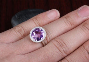 Bezel-Set Round Purple Amethyst Diamond Halo Engagement Ring - Lord of Gem Rings