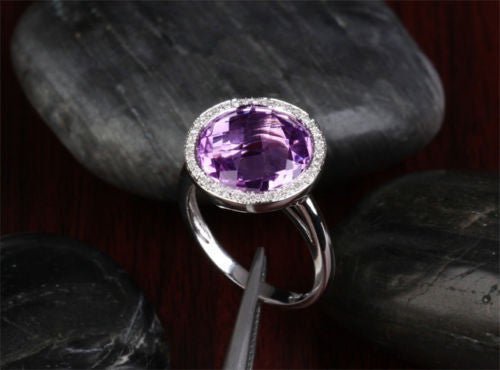 Bezel-Set Round Purple Amethyst Diamond Halo Engagement Ring - Lord of Gem Rings