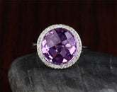 Bezel-Set Round Purple Amethyst Diamond Halo Engagement Ring - Lord of Gem Rings