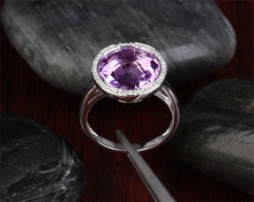 Bezel-Set Round Purple Amethyst Diamond Halo Engagement Ring - Lord of Gem Rings