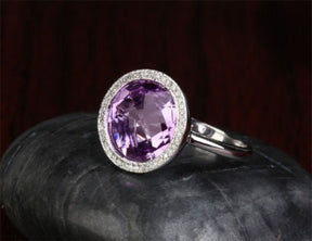 Bezel-Set Round Purple Amethyst Diamond Halo Engagement Ring - Lord of Gem Rings