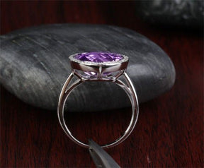 Bezel-Set Round Purple Amethyst Diamond Halo Engagement Ring - Lord of Gem Rings