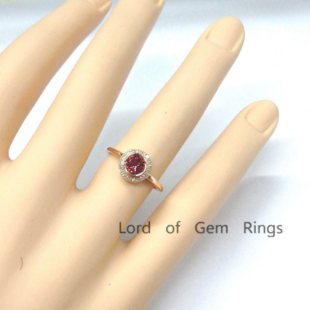 Bezel-Set Round Tourmaline Diamond Halo Engagement Ring - Lord of Gem Rings