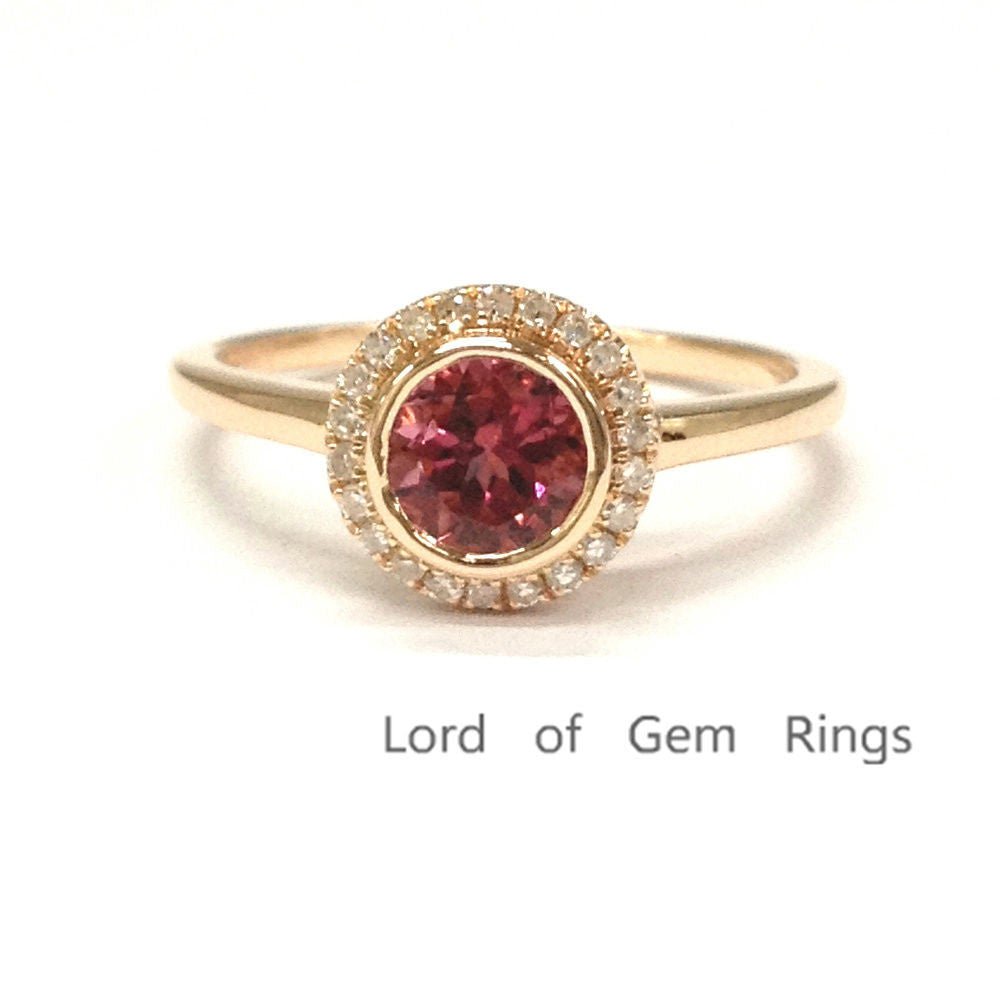 Bezel-Set Round Tourmaline Diamond Halo Engagement Ring - Lord of Gem Rings