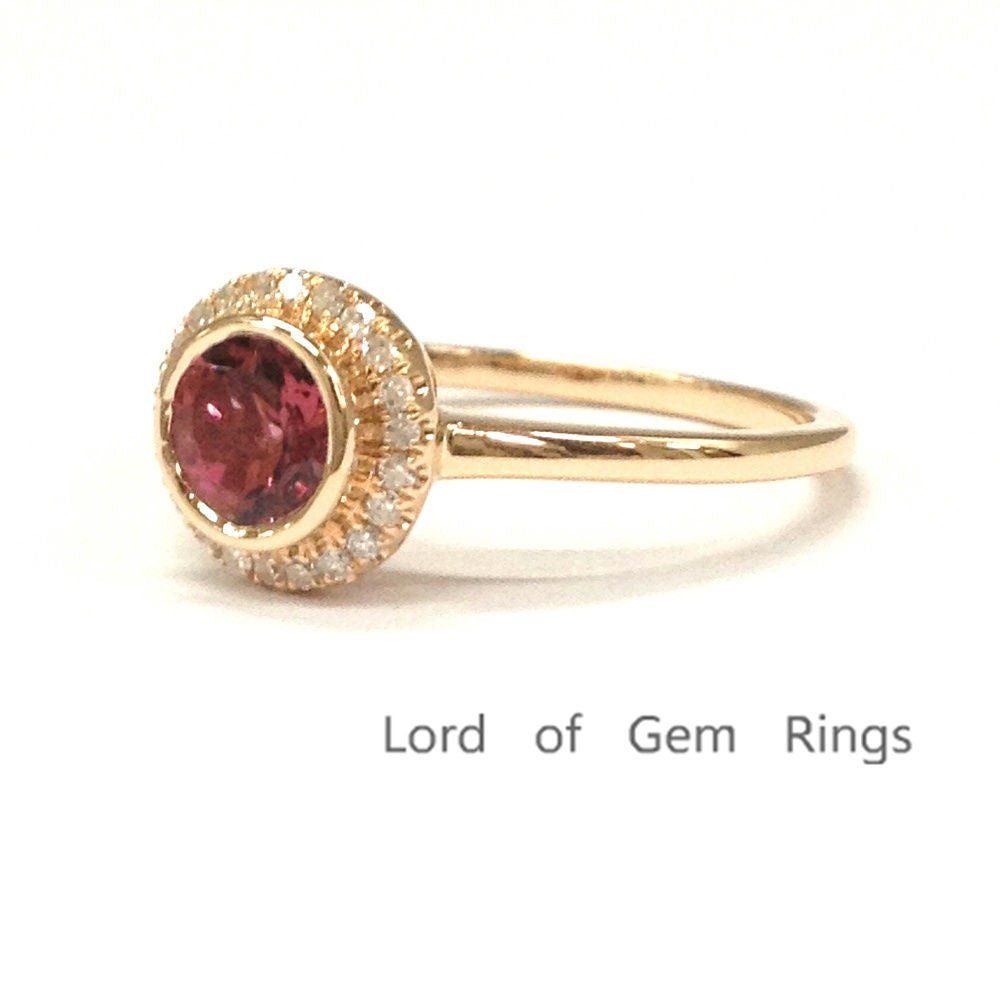 Bezel-Set Round Tourmaline Diamond Halo Engagement Ring - Lord of Gem Rings