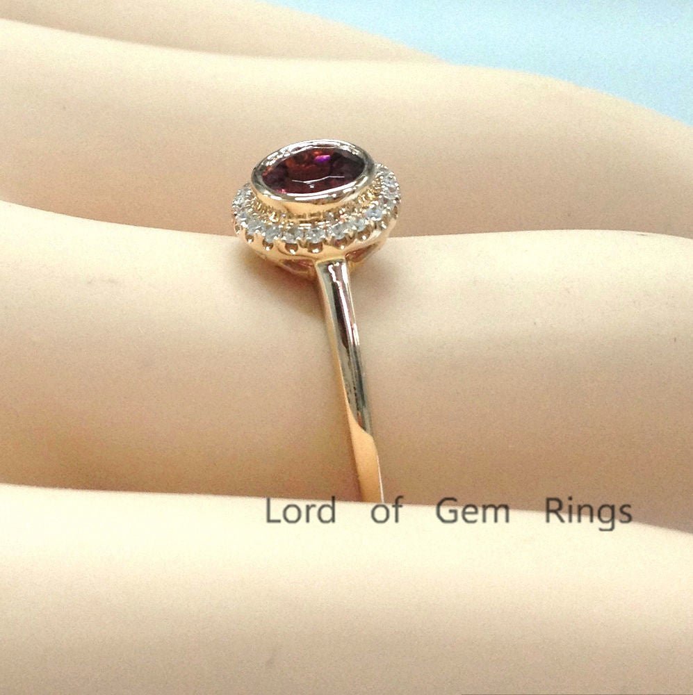 Bezel-Set Round Tourmaline Diamond Halo Engagement Ring - Lord of Gem Rings