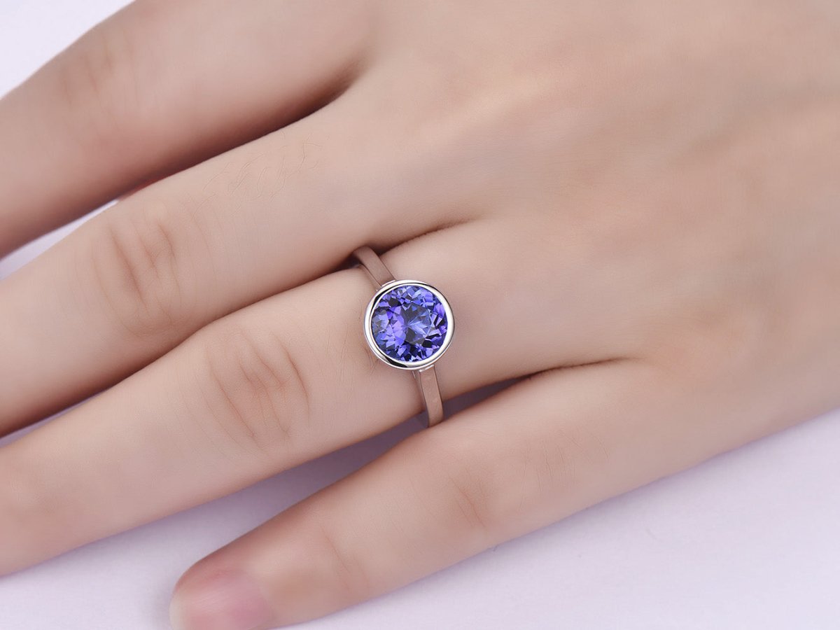Bezel-Set Round VVS Tanzanite Solitaire Ring 14K White Gold - Lord of Gem Rings