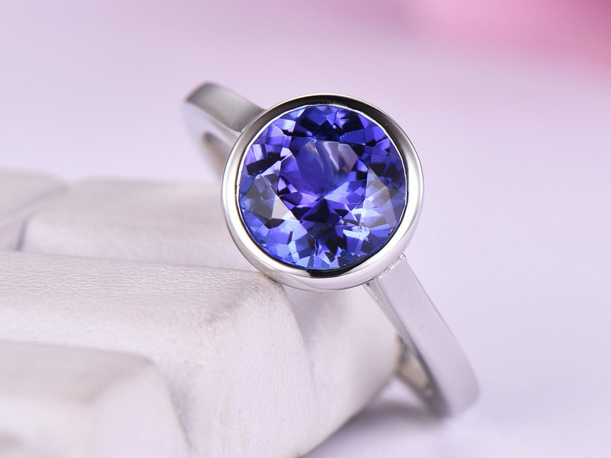 Bezel-Set Round VVS Tanzanite Solitaire Ring 14K White Gold - Lord of Gem Rings