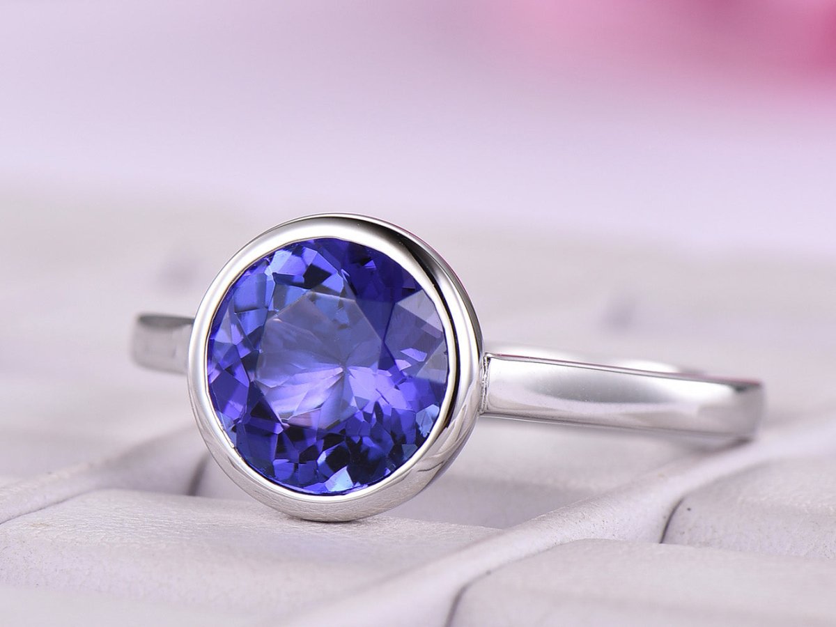 Bezel-Set Round VVS Tanzanite Solitaire Ring 14K White Gold - Lord of Gem Rings