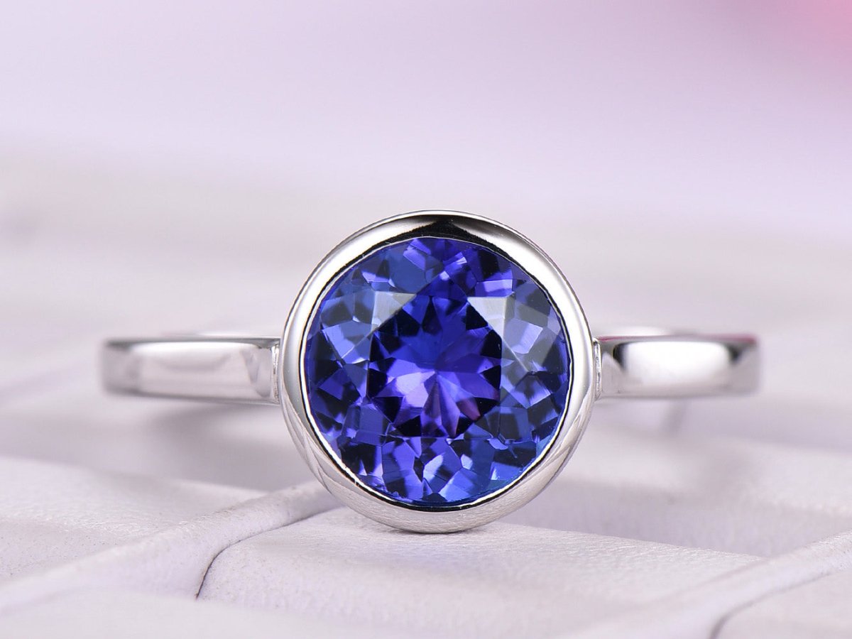 Bezel-Set Round VVS Tanzanite Solitaire Ring 14K White Gold - Lord of Gem Rings