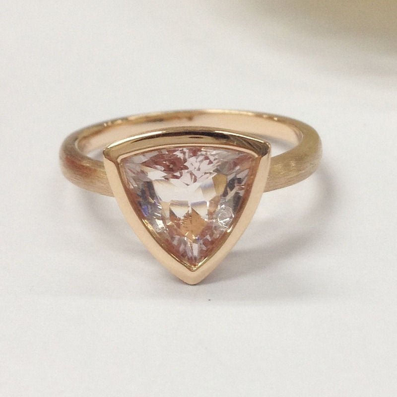 Bezel Set Trillion Morganite Solitaire Ring 14K Rose Gold - Lord of Gem Rings