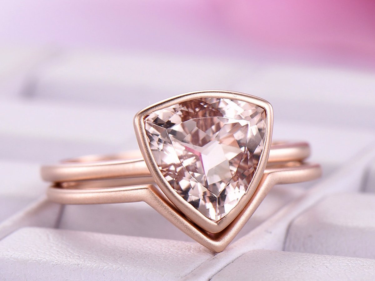 Bezel-Set Trillion Morganite Solitaire Ring Contoured Bridal Set - Lord of Gem Rings