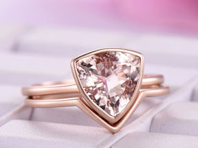 Bezel-Set Trillion Morganite Solitaire Ring Contoured Bridal Set - Lord of Gem Rings