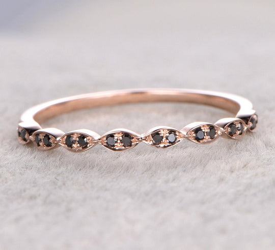 Black Diamond Half Eternity Wedding Band 14K Rose Gold, No Milgrain
