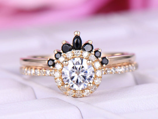 Black Onyx Tiara Round Moissanite Diamond Halo Bridal Set