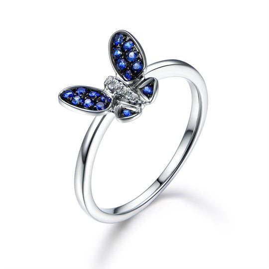 Blue Sapphire Butterfly Ring 14K White Gold,