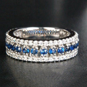 Blue Sapphire Diamond Triple Row September Birthstone Band - Lord of Gem Rings